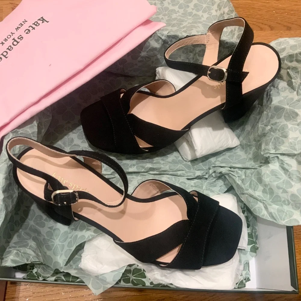 Kate Spade Delight Black Suede Platform Heels Block Heel Ankle Strap Sandals 10